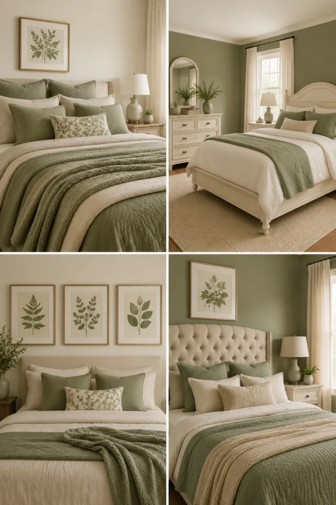 Cream Tufted Headboard with Sage Green Walls