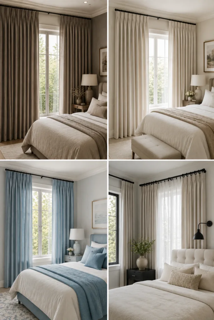 19. Warm Taupe Curtains 20. Pinch Pleat Curtain Styles 21. Soft Blue Curtains 22. Black Curtain Hardware For Contrast