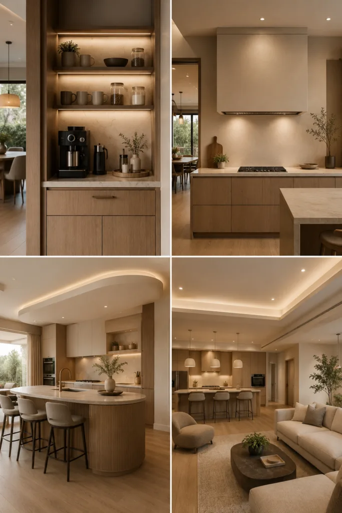 23. Add A Small Coffee Station 24. Use A Minimal Range Hood Design 25. Add Curved Edges For A Softer Feel 26. Keep The Ceiling Design Simple But Connected