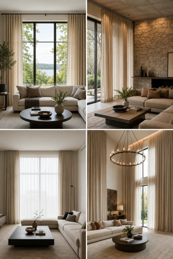 23. Add Curtains To Frame Large Windows 24. Use Curtains To Soften Hard Interiors 25. Choose Minimal Curtains For Modern Rooms 26. Try Ceiling-To-Floor Curtain Panels