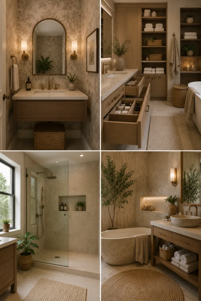 23. Add Wallpaper In A Powder Room 24. Create A Better Storage System 25. Use A Glass Shower Screen 26. Add Texture With Natural Materials