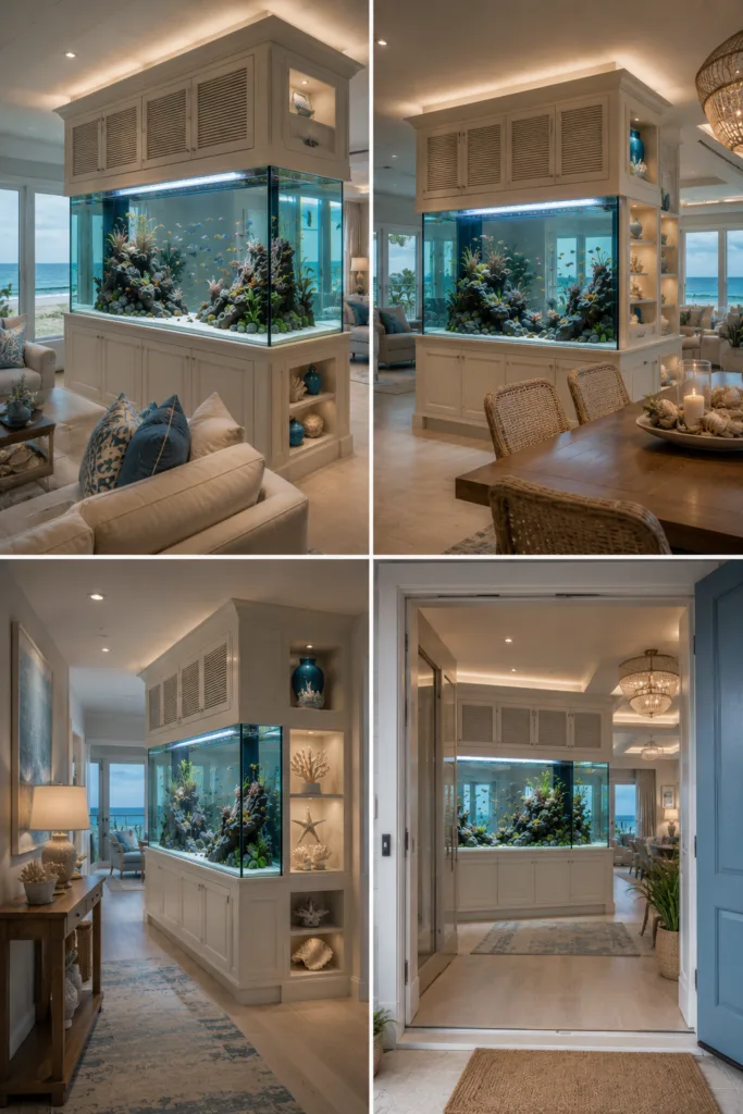 23. Install A Double-Sided Aquarium 24. Add A Custom Cabinet Design 25. Design A Coastal-Themed Living Room 26. Keep The Tank Visible From The Entrance