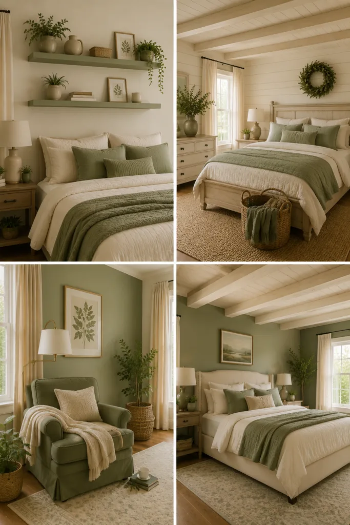 Cream Ceiling Beams with Sage Green Walls