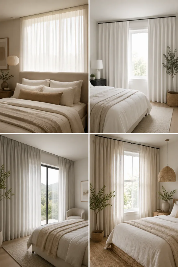 23. Sheer Curtains Behind The Bed Area 24. Simple White Blackout Curtains 25. Curtains With Hidden Tracks 26. Organic Textures And Natural Fabrics