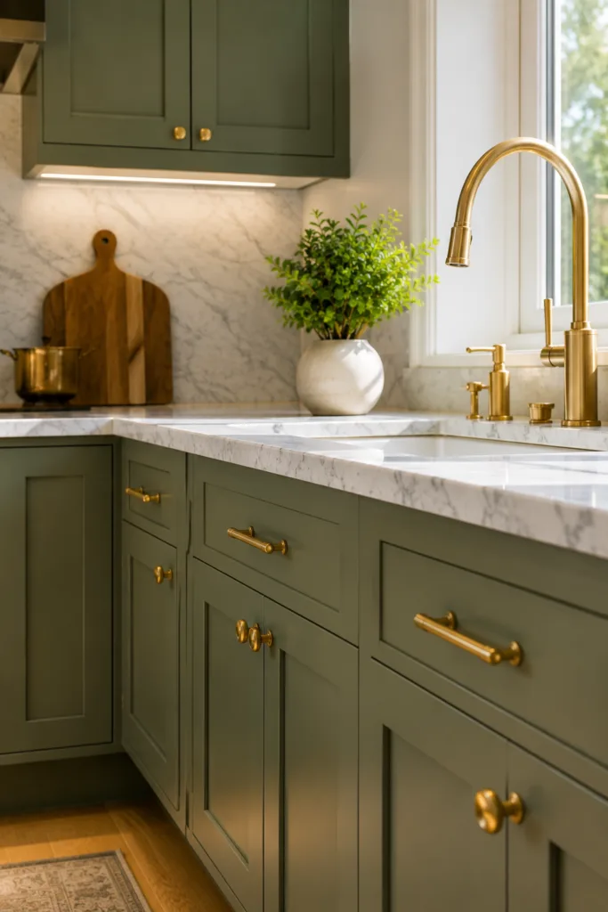 Add Brass Hardware to Green Cabinets