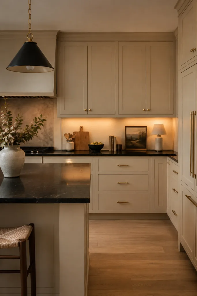 Combine Black Countertops With Beige Cabinets