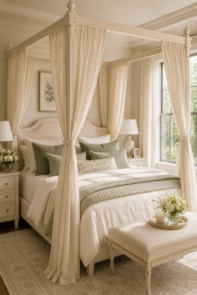 Cream Canopy Bed with Sage Green Accents