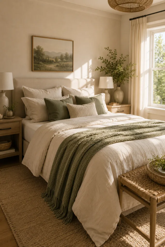 Cream Linen Bedding with Sage Green Throws