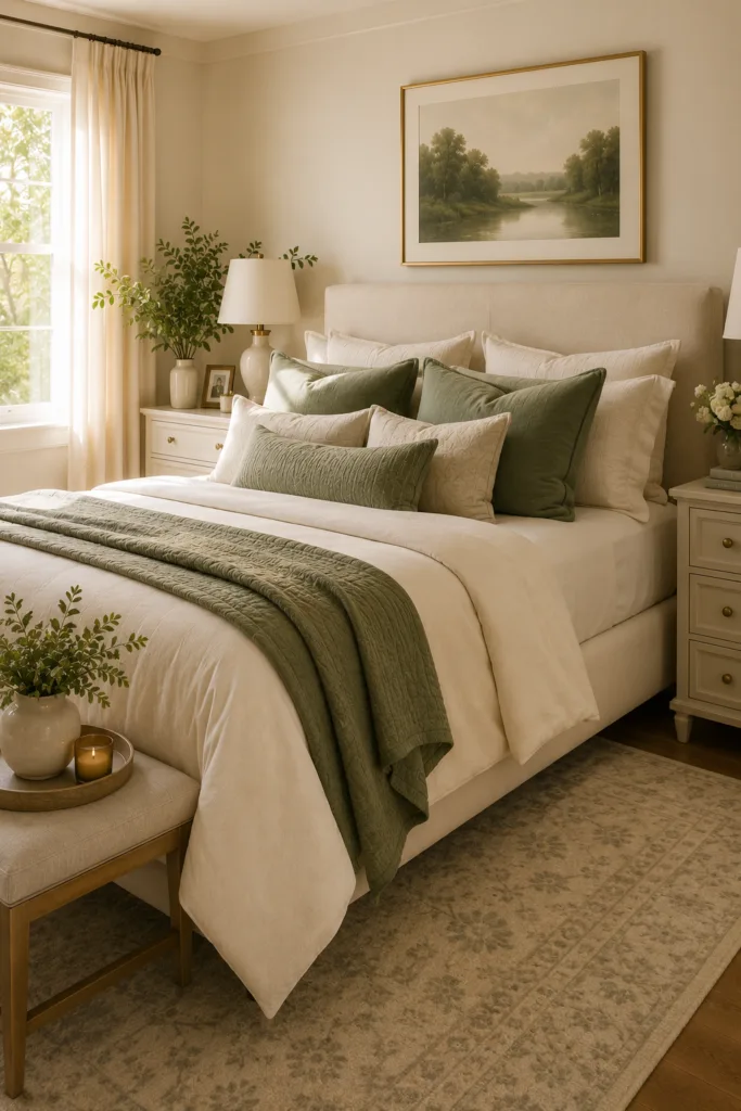 Cream Upholstered Bed with Sage Green Pillows