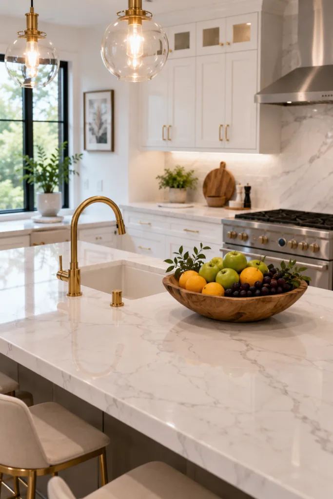 . Glossy Marble-Look Countertops