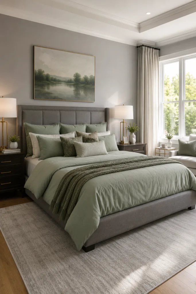 Grey Upholstered Bed with Sage Green Bedding