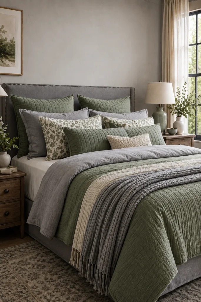 Layered Sage Green and Grey Bedding