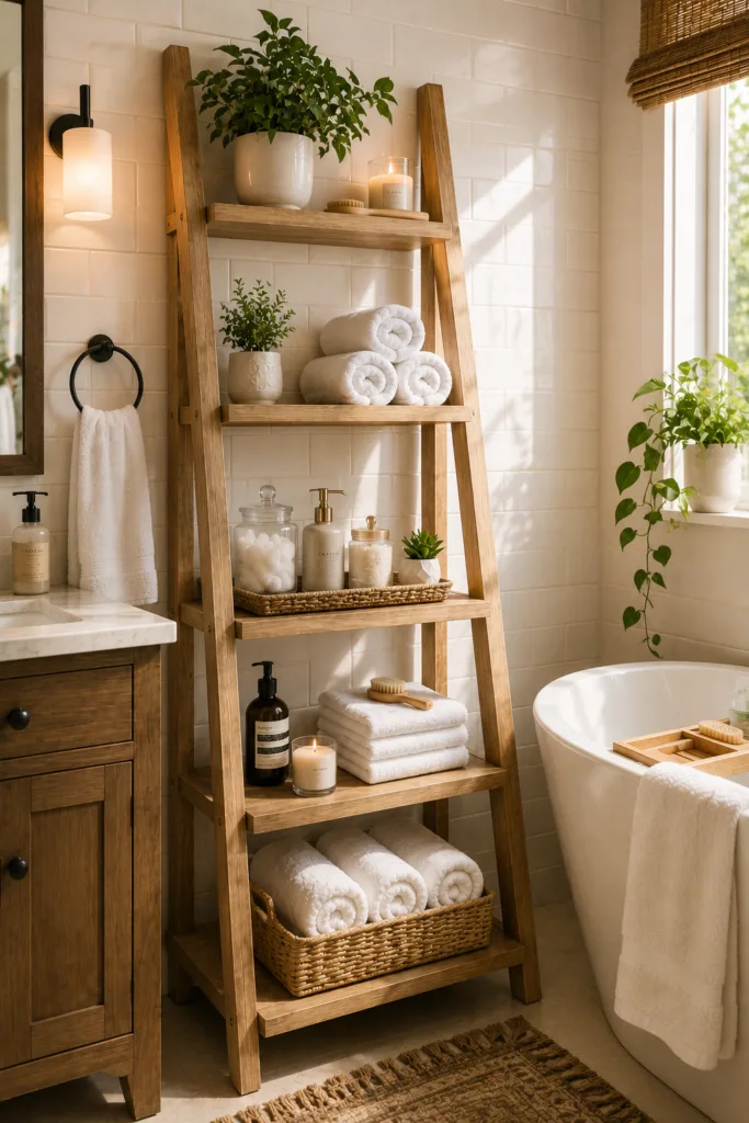 Lean a Wooden Ladder Shelf Against Tile Walls