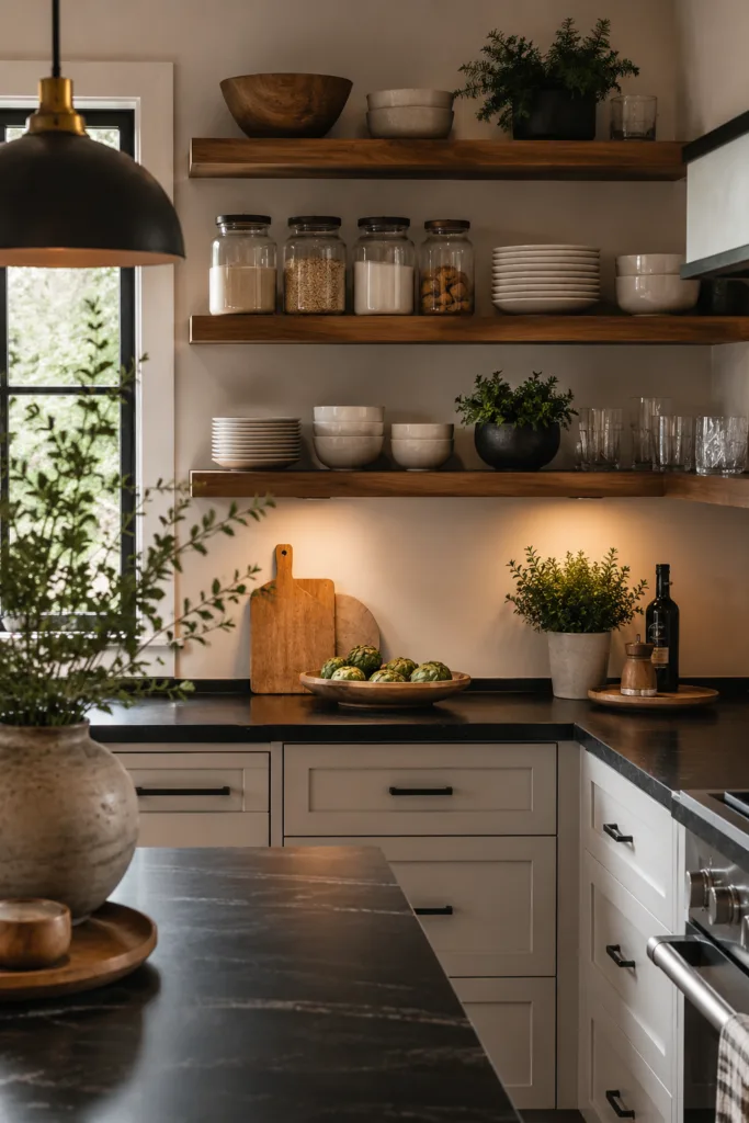 Pair Black Countertops With Open Shelving