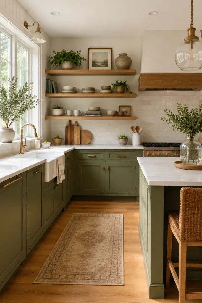 Pair Green Cabinets with Wooden Accents