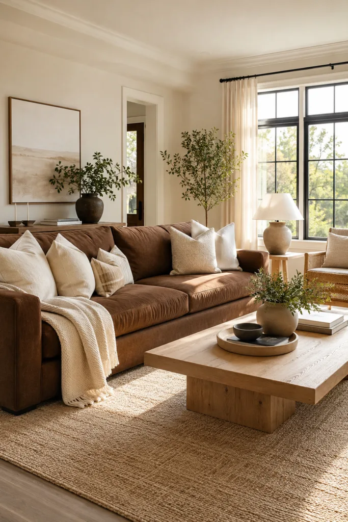 . Pair a Brown Couch with Cream Walls
