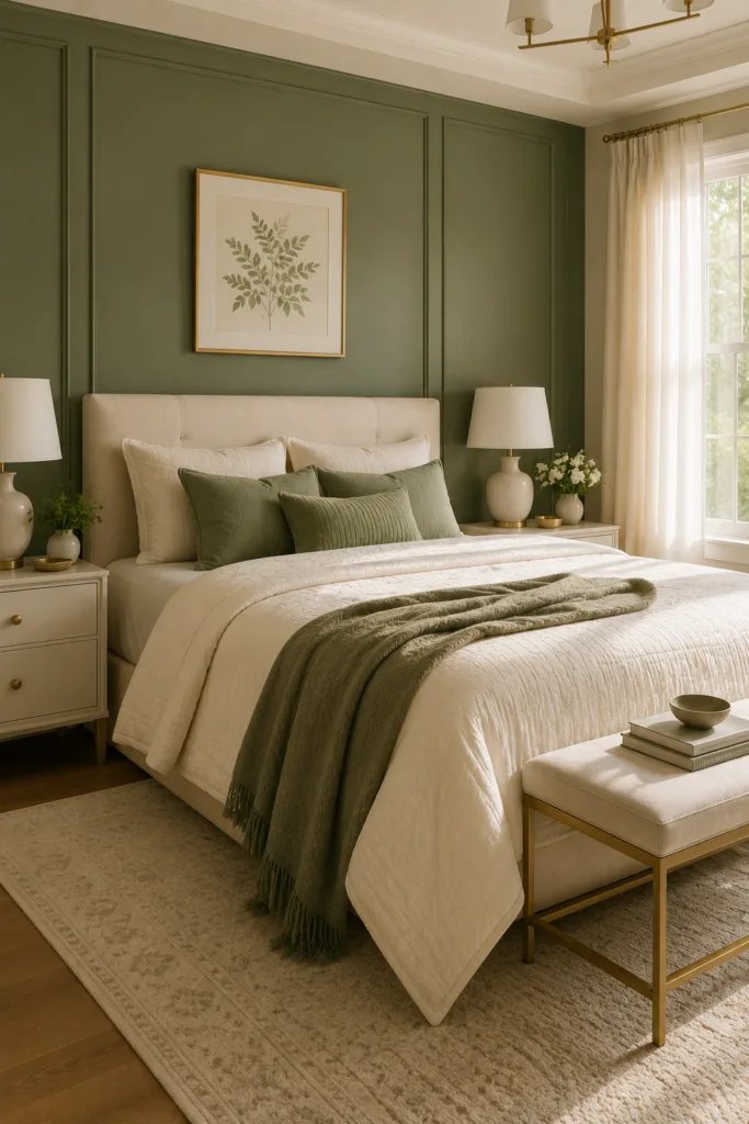  Sage Green Accent Wall with Cream Bedding