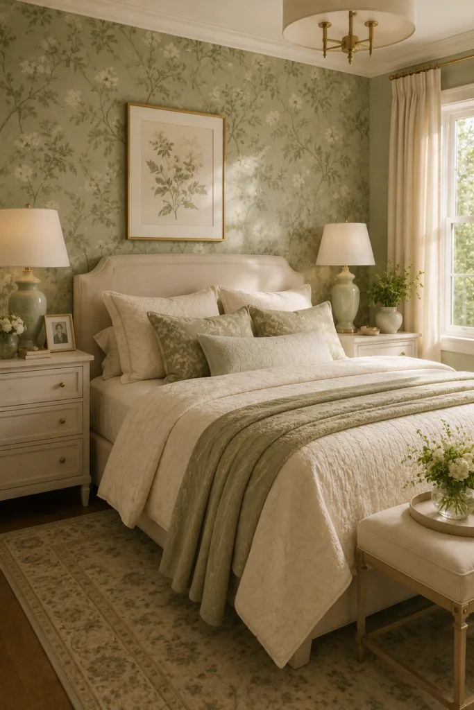 Sage Green Wallpaper with Cream Details