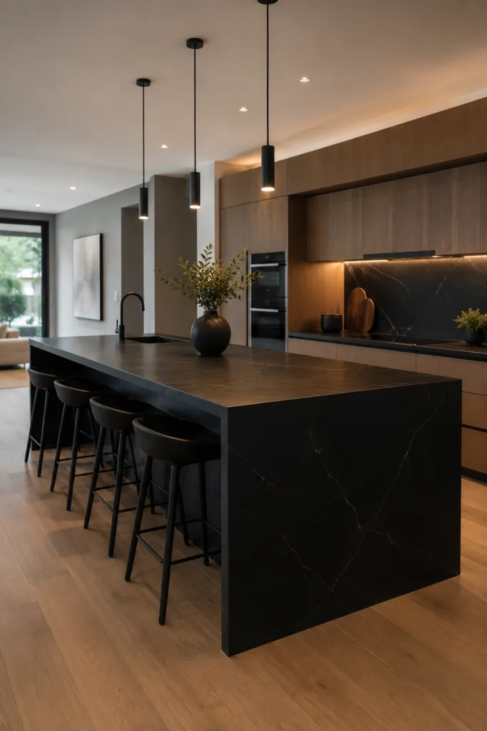 Try Black Countertops With A Waterfall Island