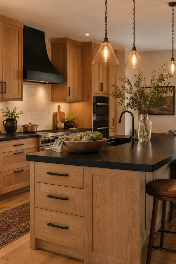 Use Black Countertops With Warm Wood Cabinets