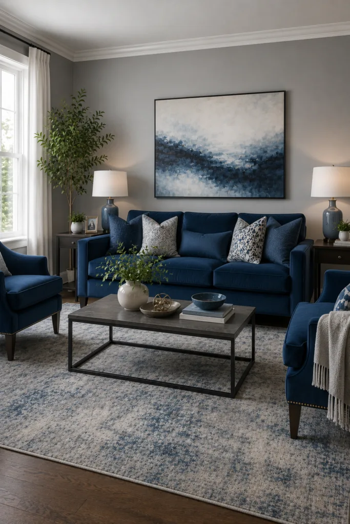 . Use Gray Walls with Blue Furniture