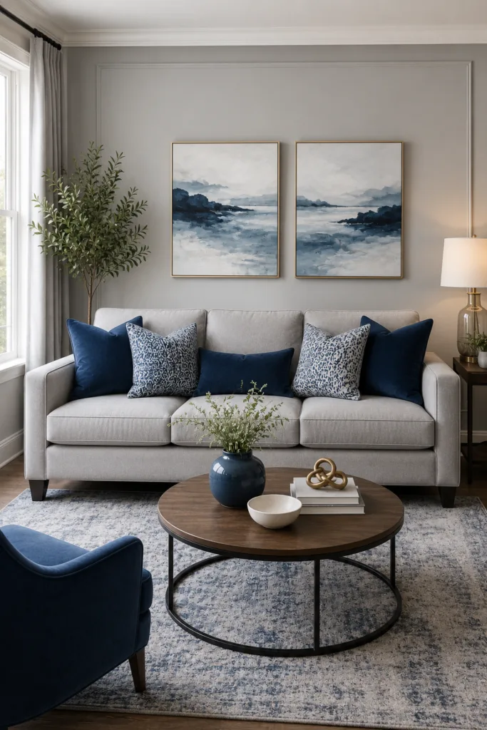 Use a Light Gray Sofa with Blue Pillows
