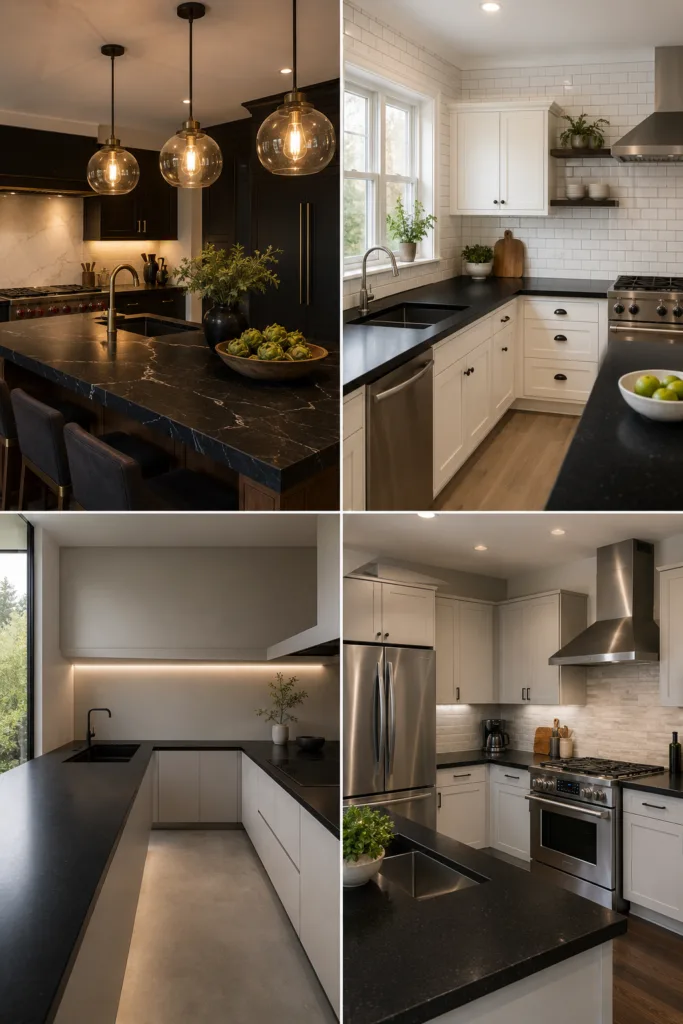 19. Add Pendant Lights Above Black Countertops 20. Use Black Countertops With White Subway Tile 21. Choose Black Countertops For A Minimal Kitchen 22. Mix Black Countertops With Stainless Steel Appliances