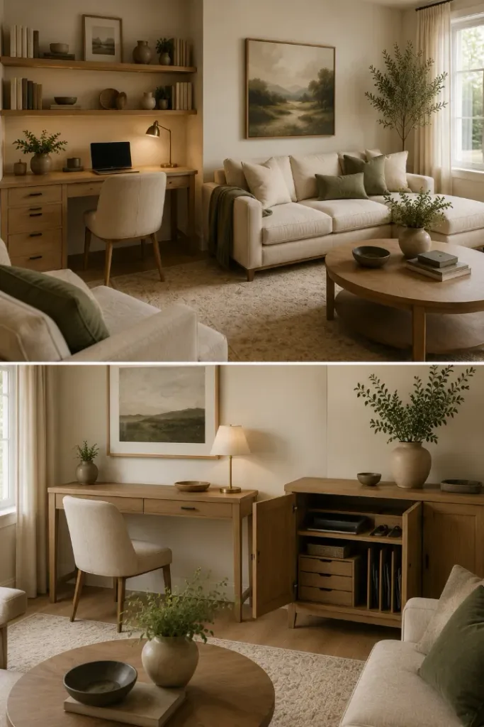 2 Ways to Make a Living Room Office Almost Disappear