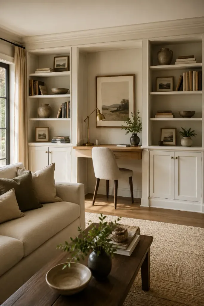 Built-In Bookshelf Desk for a Living Room Office