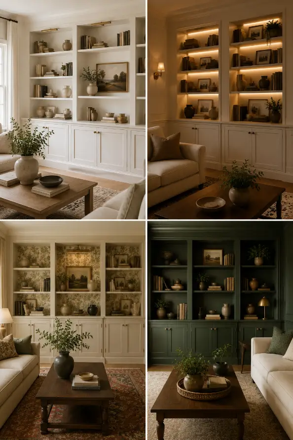 Cabinet doors, integrated lighting, wallpaper backs, deep green built-ins.