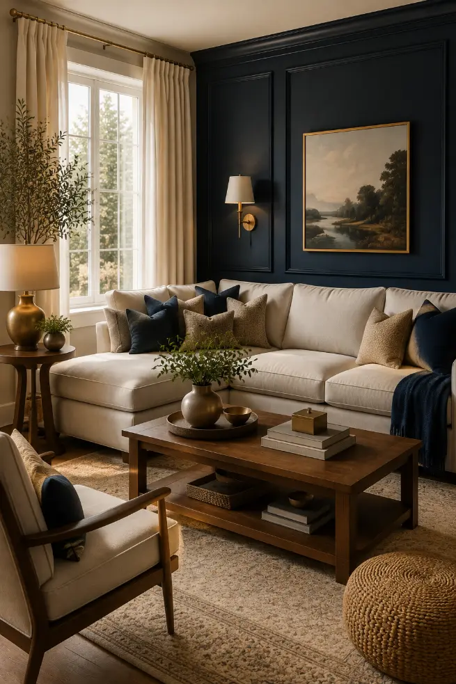 Navy Blue Living Room Ideas With Warm Neutral Accents