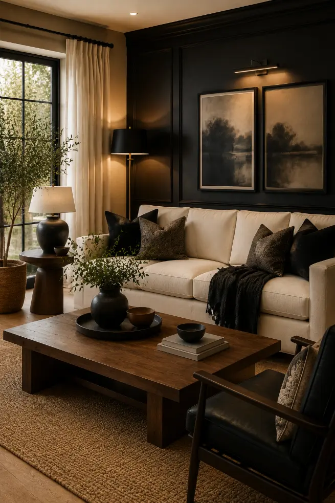 Sage green living room featuring warm white sofa