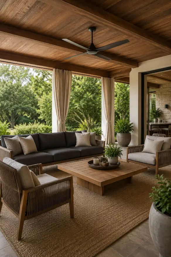 Covered Outdoor Living Room With Ceiling Fan