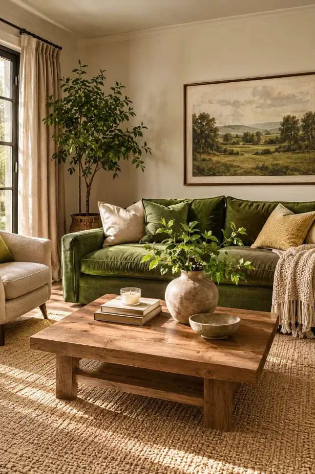 Cozy Green Sofa Living Room With Cream Textures