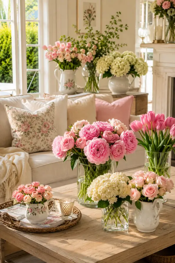 Create a fresh spring living room with soft white walls, cream sofa, beige rug, pale green and blush accents, light wood decor, airy curtains, and flowers.