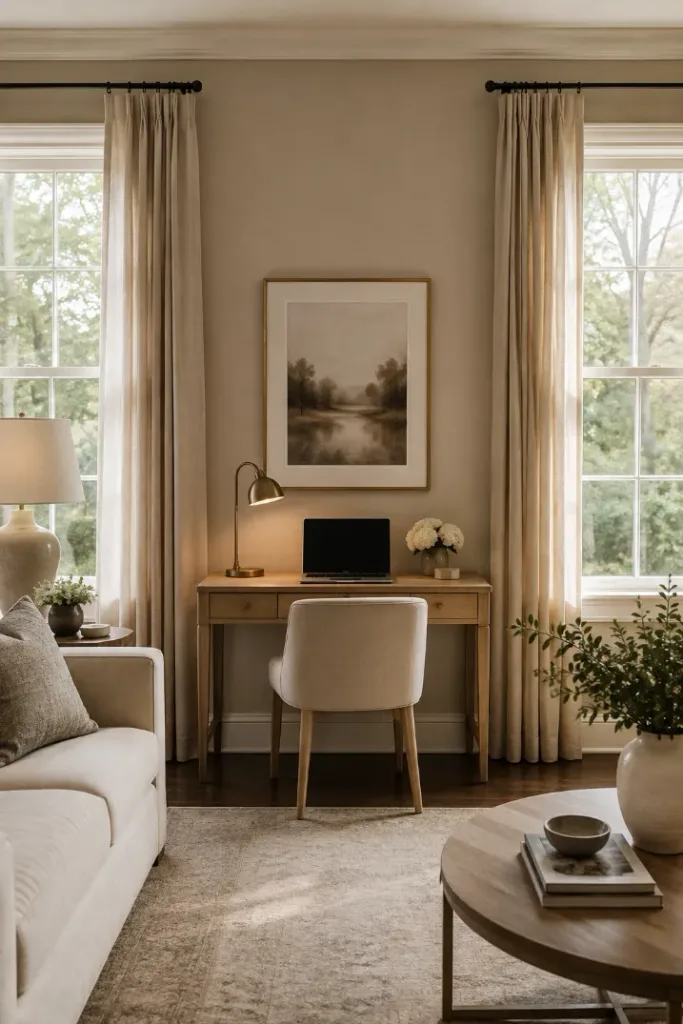 Desk Between Two Windows Living Room Office Idea
