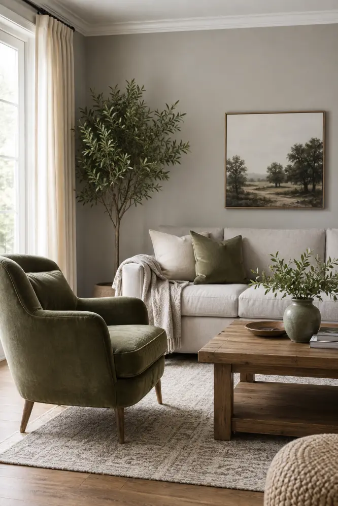 Dramatic Forest Green and Gray Living Room