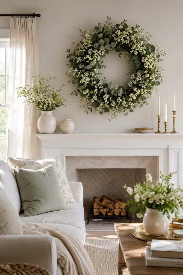 Elegant Spring Wreath Mantel Idea