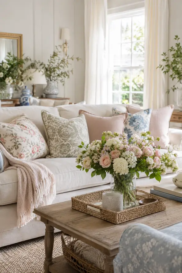 Floral Pillow Spring Living Room Idea