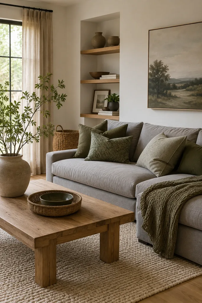 Gray Sofa With Green Cushions Living Room Idea