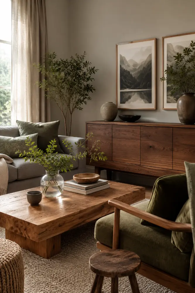 Gray and Green Living Room With Natural Wood