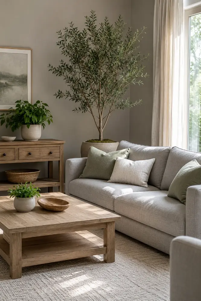 Gray and Green Living Room With Plants