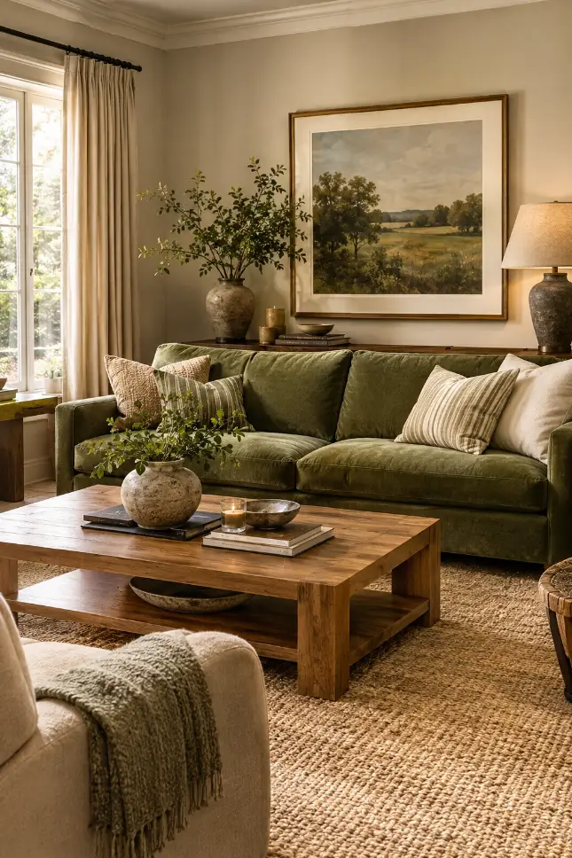 Green Sofa Living Room With Black Accents