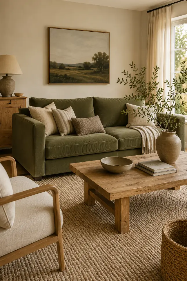 Green Sofa Living Room With Natural Wood Furniture