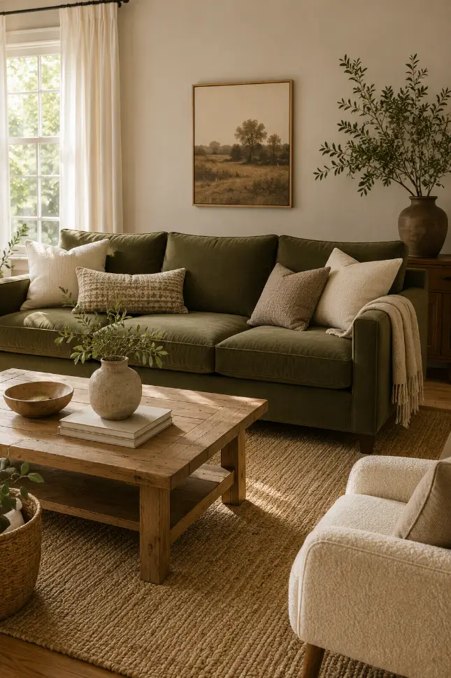 Green Sofa Living Room With a Vintage-Style Rug