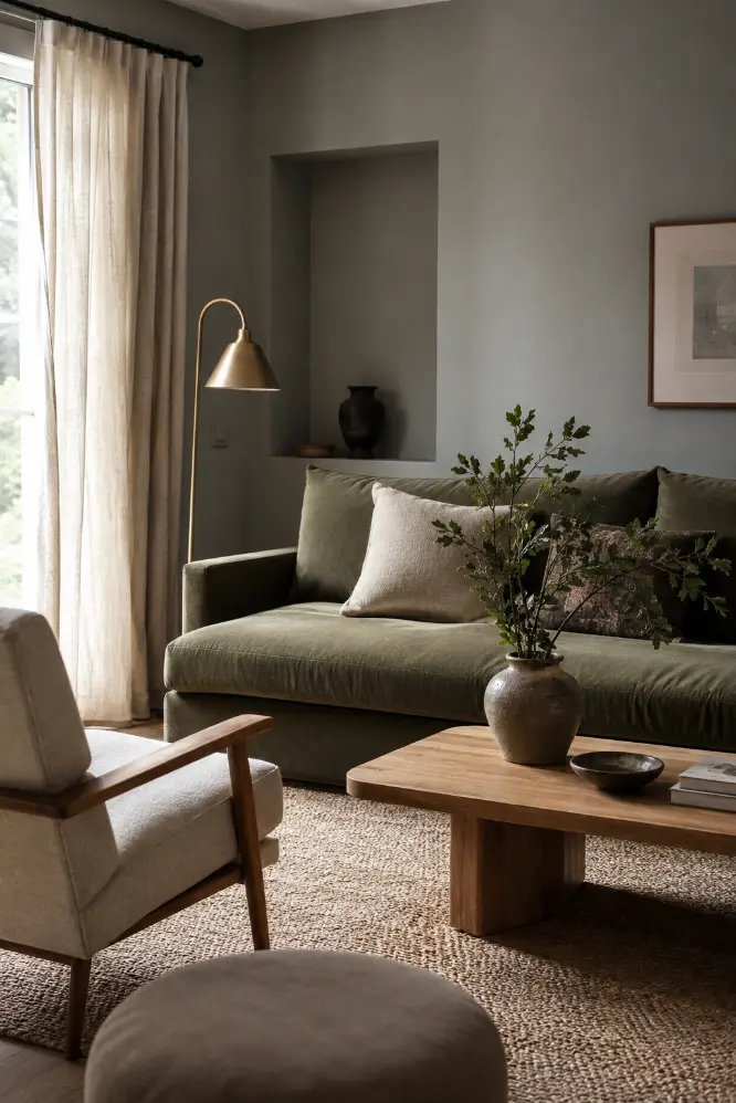 Green Sofa With Gray Walls Living Room Idea