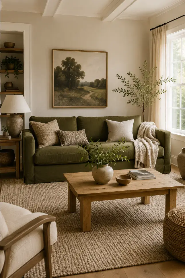 Green Sofa and Warm Gray Living Room Idea