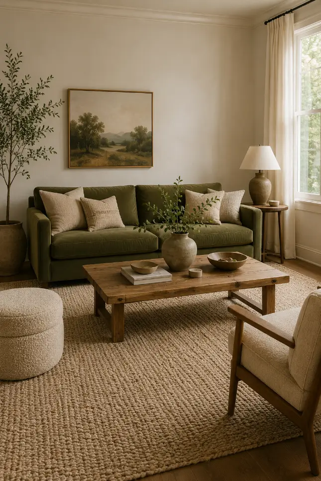 Green Sofa in a Beige and Cream Living Room