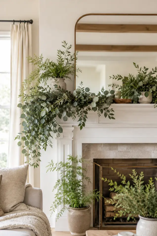 Greenery-Filled Spring Mantel Decorating Idea