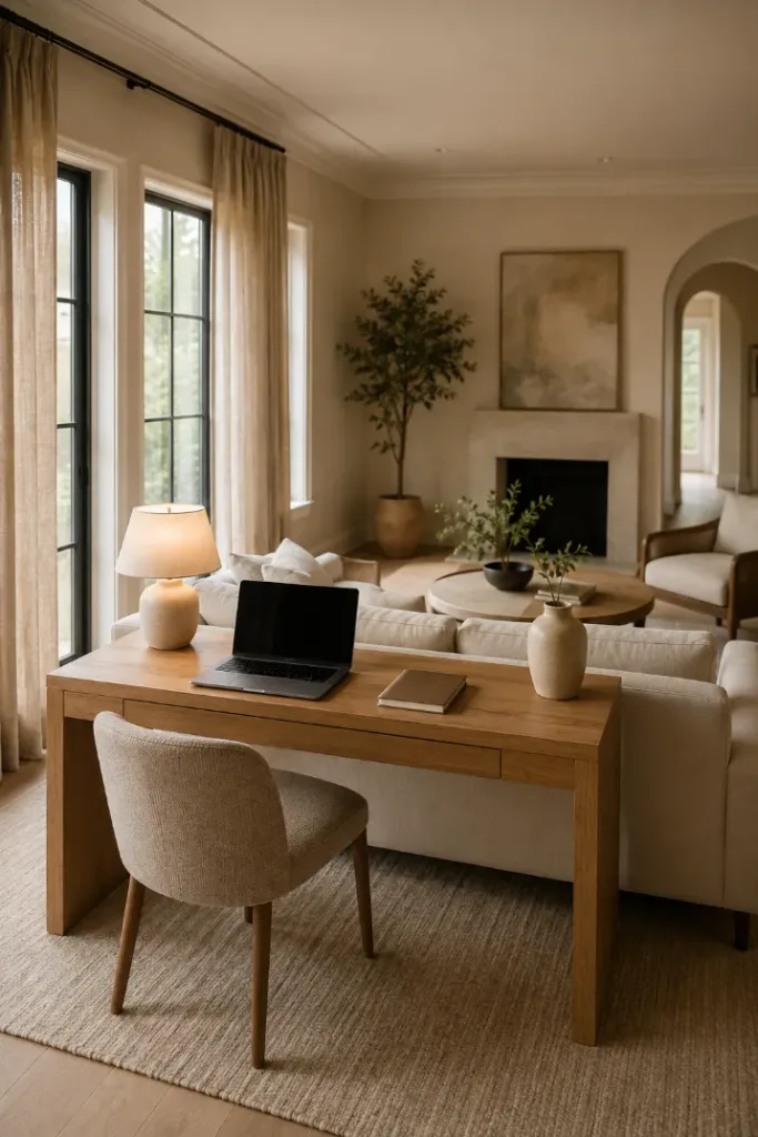 Living Room Office Combo With a Desk Behind the Sofa